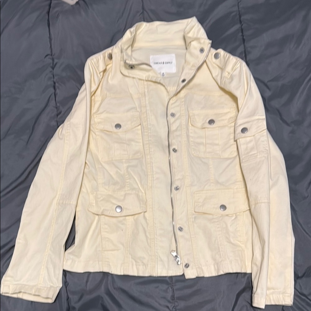 Cream Utility Jacket with Textured Fabric and Shirt Collar